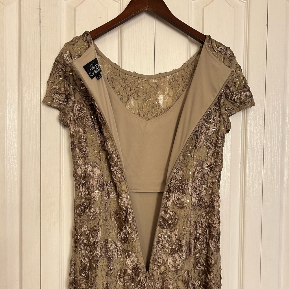 ALEX EVENINGS Bronze Sequin Floral Lace Ribbon Rosette Short Sleeve Gown - Picture 5 of 12